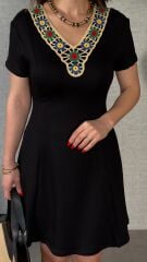 Kadın Penye Kumaş Çiçek Desenli Nakışlı Elbise