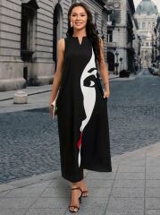 Kadın Sıfır Kol V Yakalı Kadın Yüz Desenli Süprem Elbise