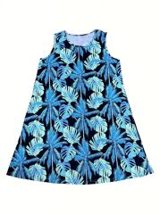 Kadın Mavi Yaprak Baskılı Askılı Süprem Elbise