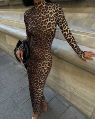 Kadın Uzun Kollu Balıkçı Yaka Gull Likralı Leopar Desen Maxi Boy Elbise