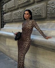 Kadın Uzun Kollu Balıkçı Yaka Gull Likralı Leopar Desen Maxi Boy Elbise