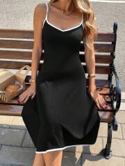 Kadın Ip Askılı Geniş V Yakalı Midi Janjan Krep Elbise