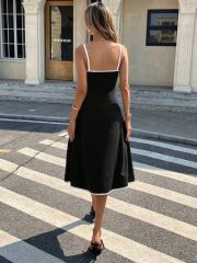 Kadın Ip Askılı Geniş V Yakalı Midi Janjan Krep Elbise