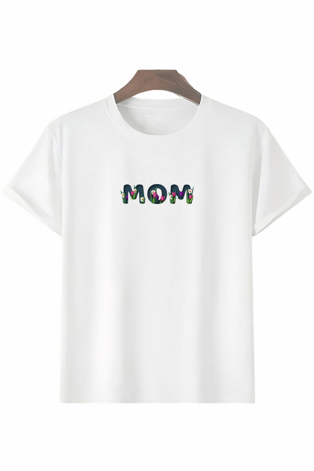 Anneler Gününe Özel Tasarım Mom Çiçek Baskılı T-shirt - Beyaz