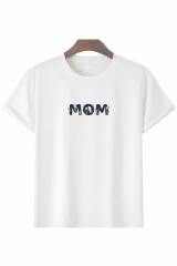 Anneler Gününe Özel Tasarım Mom Çiçek Baskılı T-shirt - Beyaz