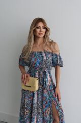 Kadın Kısa Kollu Madonna Yaka Fırfırlı Belden Yırtmaçlı Maksi Süprem Elbise