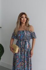 Kadın Kısa Kollu Madonna Yaka Fırfırlı Belden Yırtmaçlı Maksi Süprem Elbise