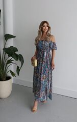 Kadın Kısa Kollu Madonna Yaka Fırfırlı Belden Yırtmaçlı Maksi Süprem Elbise