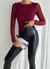 Kadın Sandy Kumaş Kolları Tül Detaylı Uzun Kollu Bluz