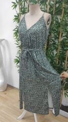 Kadın Ip Askılı Kruvaze Yakalı Yırtmaçlı Uzun Desenli Kuşaklı Süprem Elbise