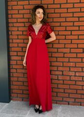 Kadın Kısa Kollu Derin V Yakalı A Kesim Pulpayet Detaylı şifon Nedime Elbisesi