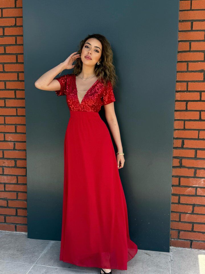 Kadın Kısa Kollu Derin V Yakalı A Kesim Pulpayet Detaylı şifon Nedime Elbisesi