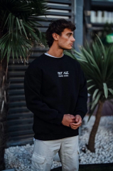 Oversize Bisiklet Yaka Üç İplik Baskılı SweatShirt - Siyah