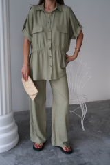 KETEN BELDEN BÜZGÜ DETAYLI GÖMLEK - PANTOLON TAKIM - Yeşil