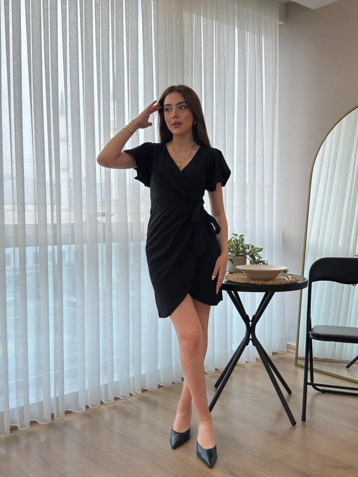 Kadın Kısa Kollu Kruvaze Yakalı Belden Bağlamalı Ithal Krep Elbise