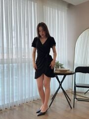 Kadın Kısa Kollu Kruvaze Yakalı Belden Bağlamalı Ithal Krep Elbise