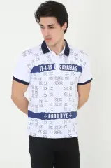 Erkek Yakalı Slim Fit Baskılı T-Shirt - Beyaz