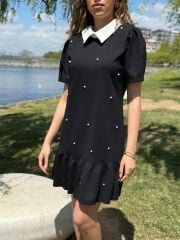 Kadın Kısa Kollu Yakalı Inci Detaylı Kısa Ithal Krep Elbise