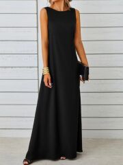 Kadın Kolsuz Kayık Yaka Maksi Janjan Krep Elbise