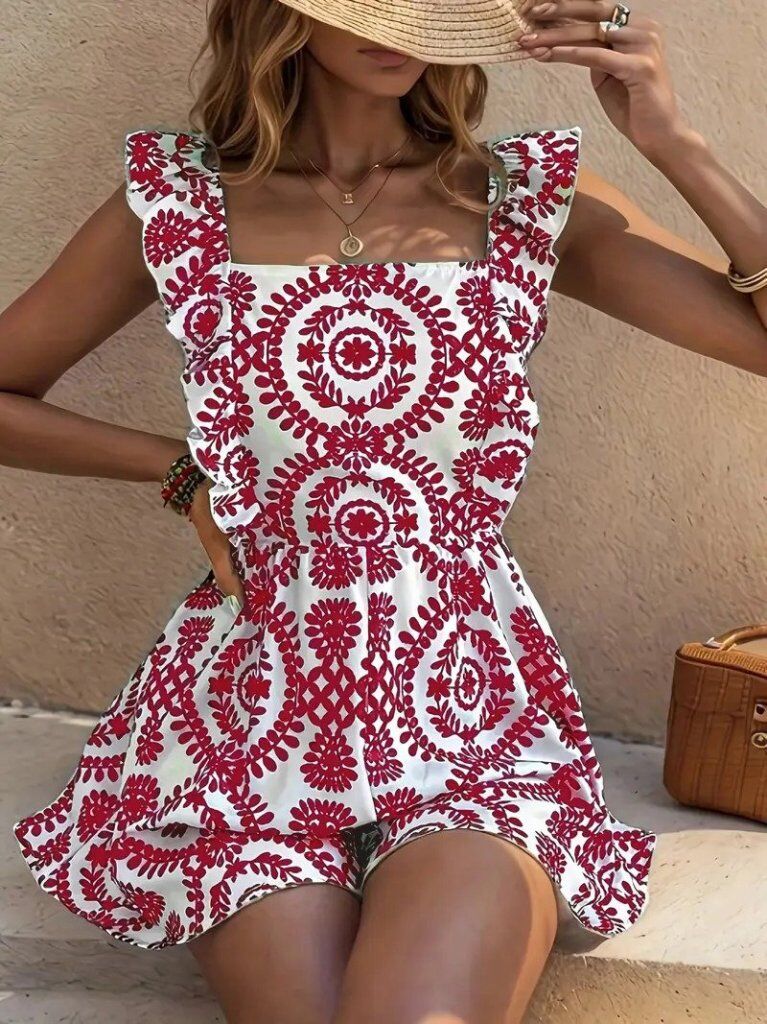 Kadın Askılı Kare Yakalı Arkadan Bağcıklı Desenli Keten Tulum