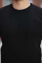 Erkek Ince çizgi Dokulu Bisiklet Yaka Kısa Kollu T-shirt