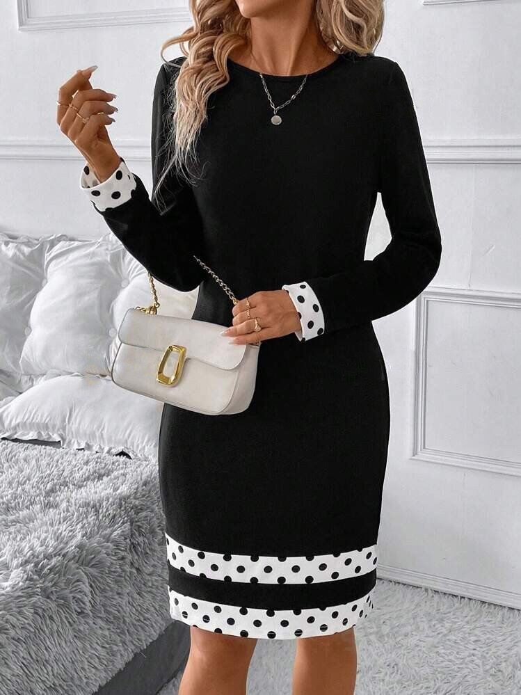 Kadın Uzun Kollu Bisiklet Yaka şerit Detaylı Puantiyeli Kısa Ithal Krep Elbise