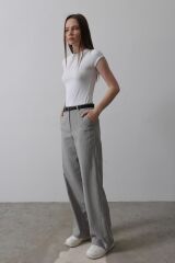 Kemerli Palazzo Pantolon - Gri-Beyaz