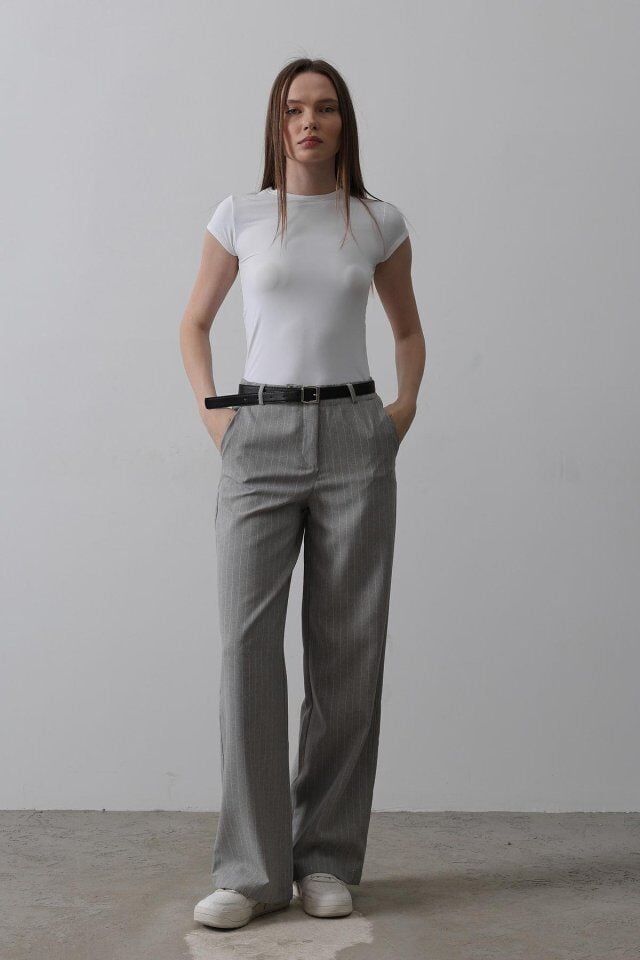 Kemerli Palazzo Pantolon - Gri-Beyaz