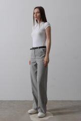 Kemerli Palazzo Pantolon - Gri-Beyaz