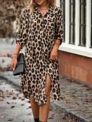 Kadın Leopar Desenli Cep Detay Kolu Manşetli Moskrep Gömlek Elbise