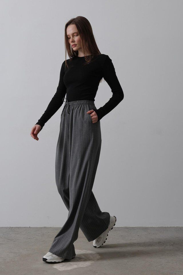 Beli Lastikli Bol Paça Pantolon - Antrasit