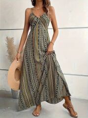 Kadın Ip Askılı Sırttan çapraz Detaylı Yırtmaçlı Desenli Süprem Elbise