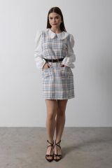 Ekoseli Gömlek Detaylı Elbise - Mavi