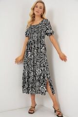 2512 Desenli Yırtmaçlı Elbise - D. Siyah
