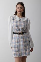 Ekoseli Gömlek Detaylı Elbise - Mavi