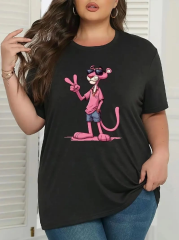 Pembe Panter Baskılı Oversize Bisiklet Yaka T-shirt - Beyaz