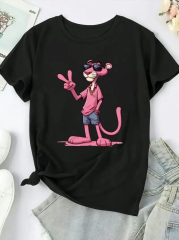 Pembe Panter Baskılı Oversize Bisiklet Yaka T-shirt - Beyaz