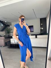 Kadınn V Yaka Düğme Detay Kuşak Dahil Elbise