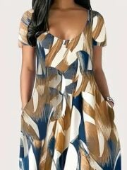 Kadın Kısa Kollu Yuvarlak Yaka Cepli Salaş Baskılı Süprem Elbise