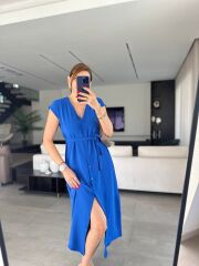 Kadınn V Yaka Düğme Detay Kuşak Dahil Elbise