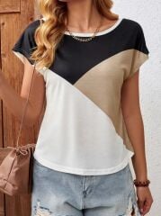 Kadın Bisiklet Yaka üç Renk Viskon T-shirt