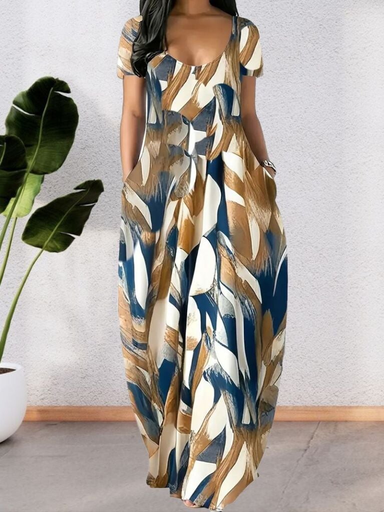 Kadın Kısa Kollu Yuvarlak Yaka Cepli Salaş Baskılı Süprem Elbise