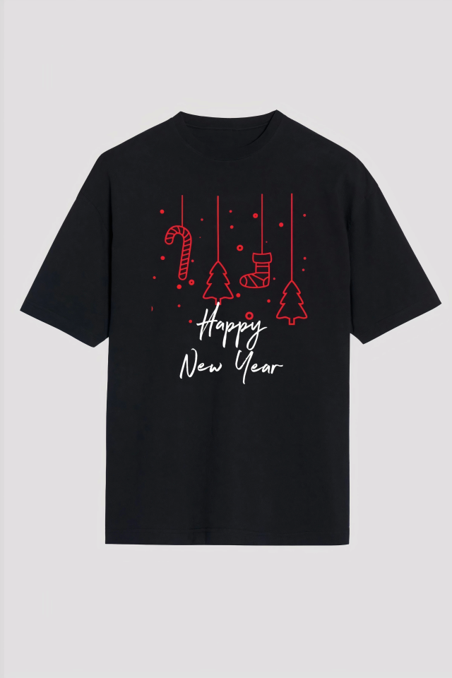 Happy New Year Baskılı T-shirt - Siyah
