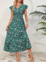 Kadın Kısa Kollu Kruvaze Yaka Beli Lastikli çiçek Desenli Elbise