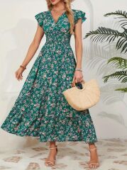 Kadın Kısa Kollu Kruvaze Yaka Beli Lastikli çiçek Desenli Elbise