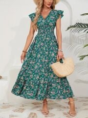 Kadın Kısa Kollu Kruvaze Yaka Beli Lastikli çiçek Desenli Elbise