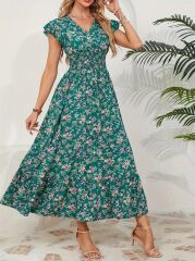 Kadın Kısa Kollu Kruvaze Yaka Beli Lastikli çiçek Desenli Elbise