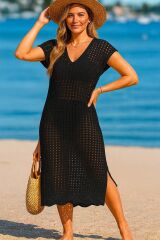 Kadın Sıfır Kol V Yaka Yanı Derin Yırtmaçlı Midi Boy Triko Elbise