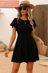 Kadın Kısa Kelebek Kollu Bisiklet Yaka Janjan Krep Elbise