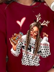 Kadın Yılbaşı özel Uzun Kollu Bisiklet Yaka Desenli Viskon Iki Iplik Bluz